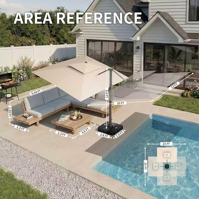 10 X 13 FT Cantilever Patio Umbrella with LED Lights Outdoor Heavy Duty Double Top Windproof Rectangle Offset Umbrellas with 360-degree Rotation for Pool Deck Backyard, Beige