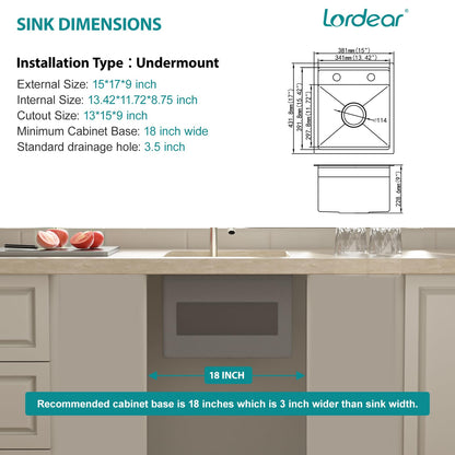 Lordear 15x17 Indoor Outdoor Kitchen Sink with Foldable Faucet Samll Bar Prep 16 Gauge T304 Stainless Steel Single Bowl Basin for Island Camper Wet Bar Prep Mobile Home