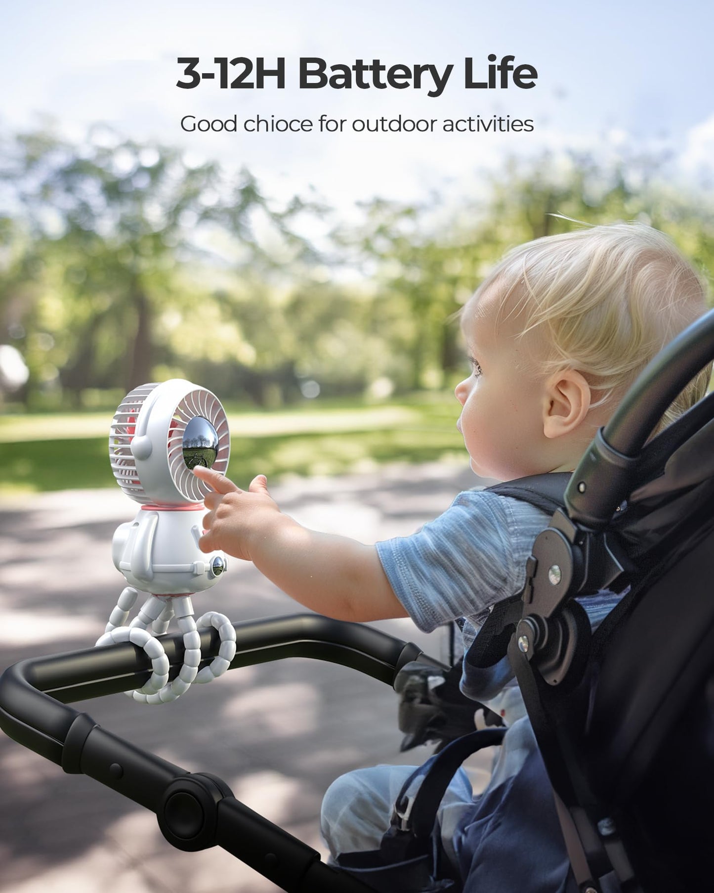 SLENPET Astronaut Portable Stroller Fan, Baby-Safe Clip-on with Detachable Flexible Tripod, Rechargeable Battery-Operated, 3-Speeds, 270° Rotation - Ideal for Car Seats, Cribs, Treadmills, Travel