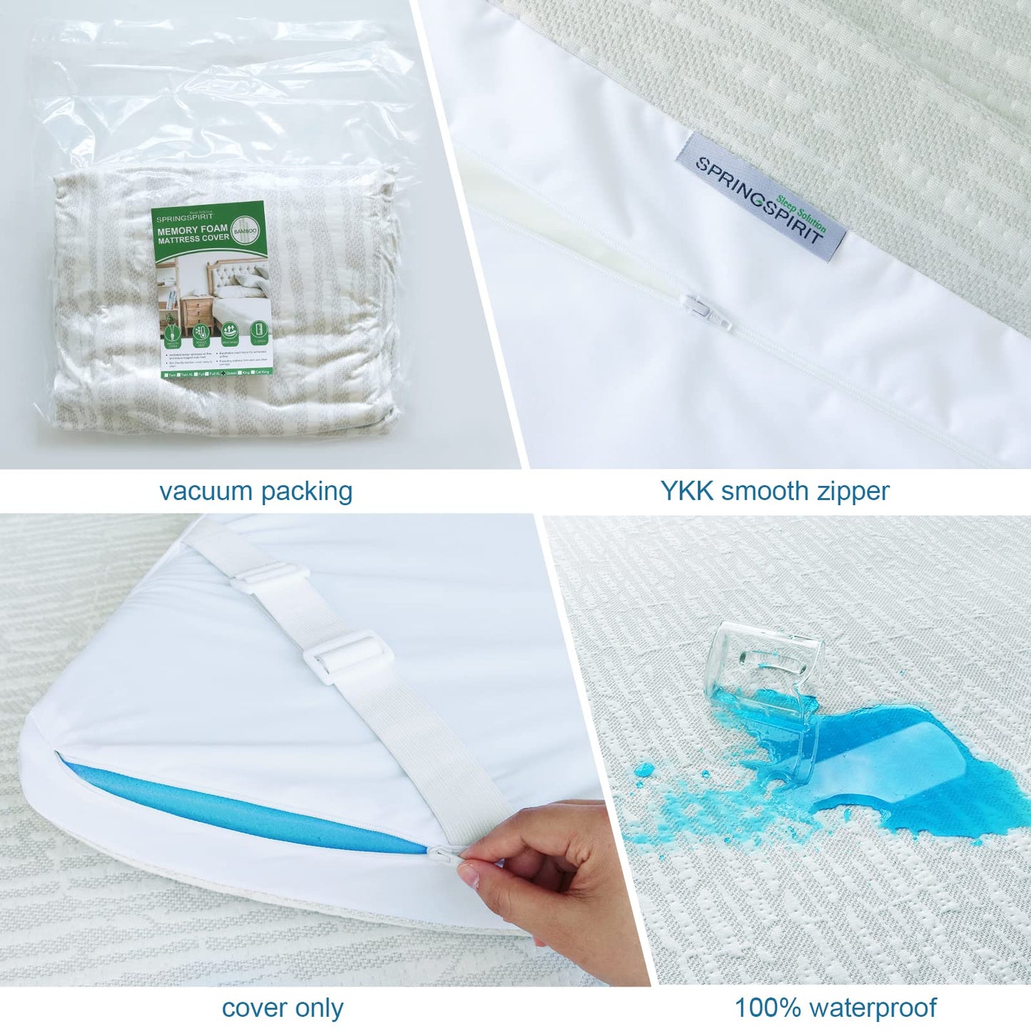 Mattress Topper Cover Protector Queen Size 2 Inch, 100% Waterproof Viscose Cooling Mattress Topper Encasement Zippered with Adjustable Straps, Fit Memory Foam Mattress