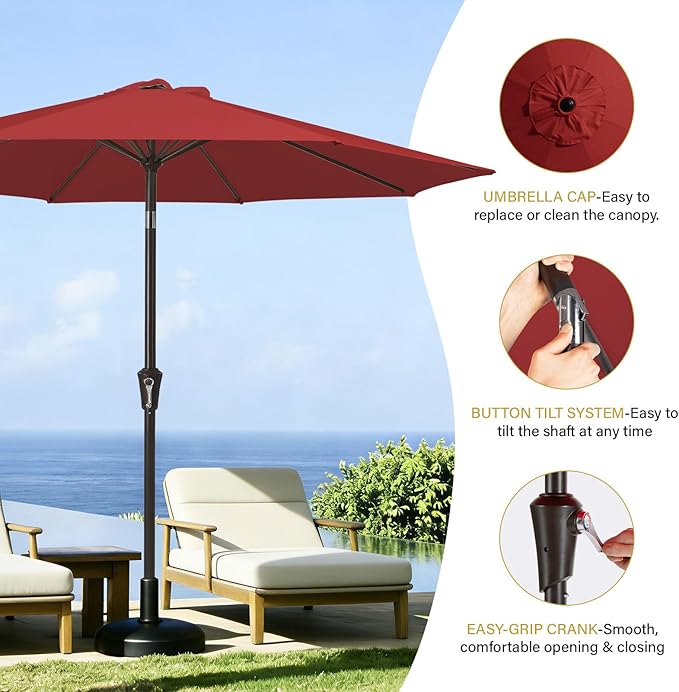 MEWAY 9ft Patio Umbrella Outdoor Table Umbrellas with Push Button Tilt and Crank, Market Umbrella 8 Sturdy Ribs for Deck, Garden, Pool and Backyard, Red
