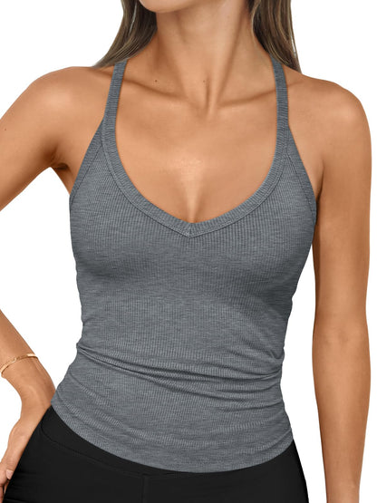 Trendy Queen Womens Ribbed Tank Tops Racerback Summer Basic Camisole V Neck Going Out Slim Fit Fashion Clothes 2024 Darkgrey S