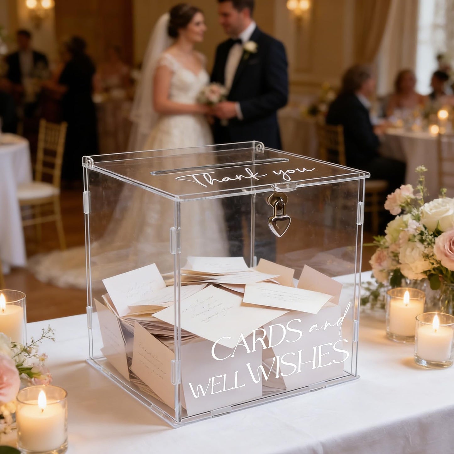 SOFARKKT Clear Acrylic Card Box with Lock & Slot, Transparent Elegant Wedding Card Boxes for Reception, DIY Money Envelop Gift Cards Box for Party Graduation Wedding Birthday Bridal Shower Table Decor
