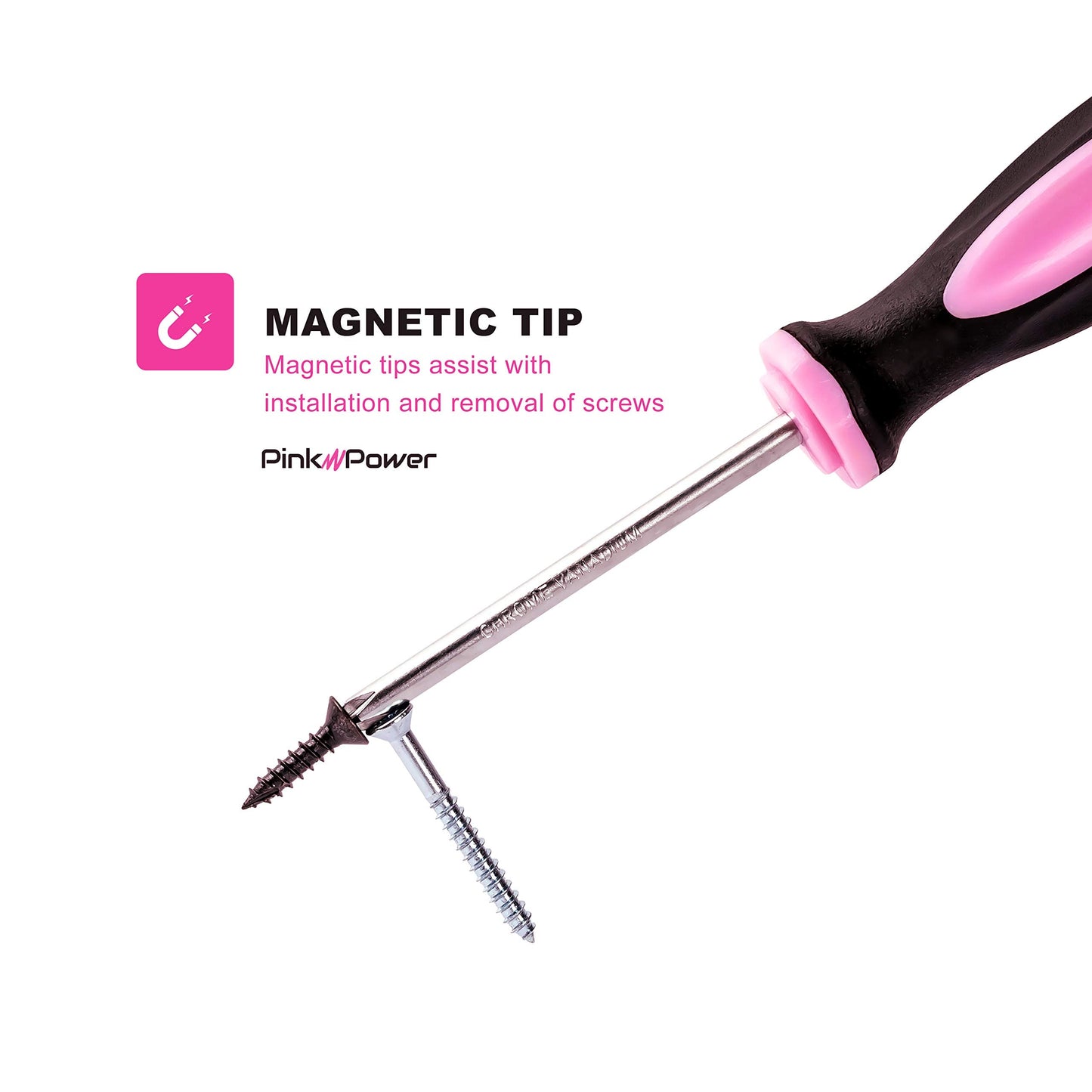 Pink Power Magnetic Screwdriver Set - 6 Piece Phillips and Flathead Hand Tool Set for Women