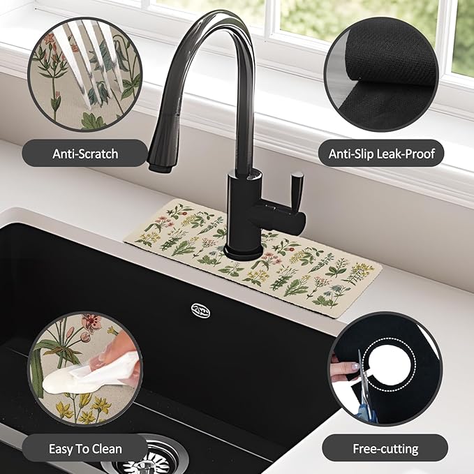 2PCS 15" X 5.5" Kitchen Sink Splash Guard Faucet Mat Floral Super Absorbent