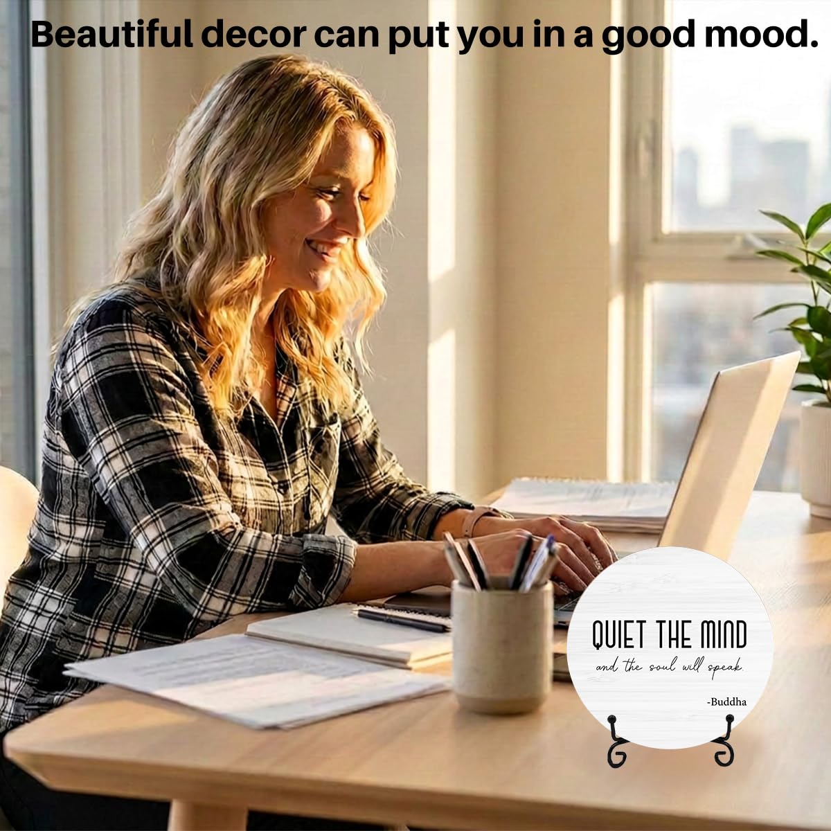 Zen Decor, Meditation Accessories, Spiritual Decorations, Zen Meditation Gifts for Office Yoga Room Bedroom Decors, Quiet The Mind And The Soul Will Speak Sign Round Wood Plaque with Support Stand
