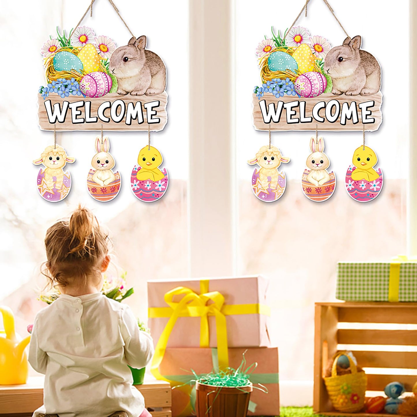 Easter Egg-Bunny Home Front-Door Hanger-Decor - 4pcs Pastel Rainbow Birthday Paper Signs Banners, Happy Easter Spring Wall Hanging Indoor Decorations Lasting Surprise