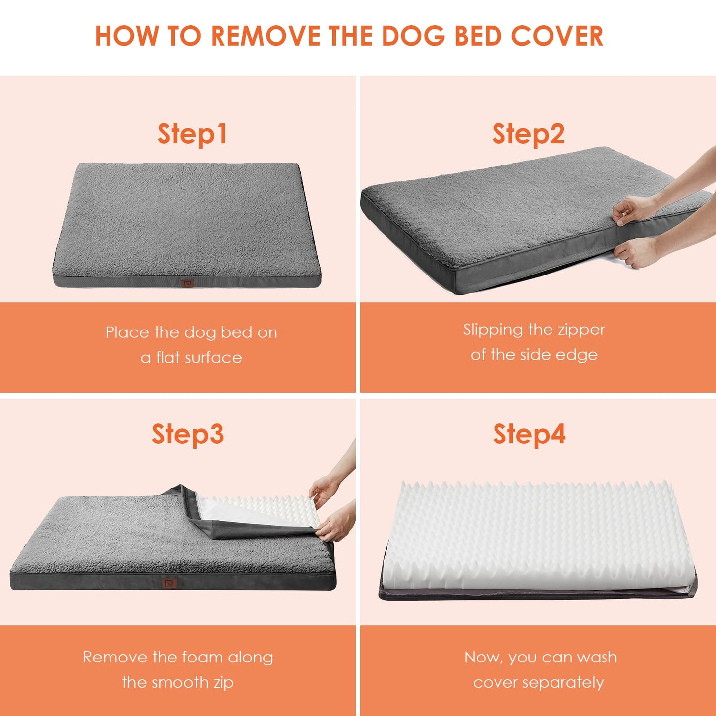EHEYCIGA Orthopedic Dog Beds Large Mattress with Removable Washable Cover for Crate, Grey, 91x68x9cm