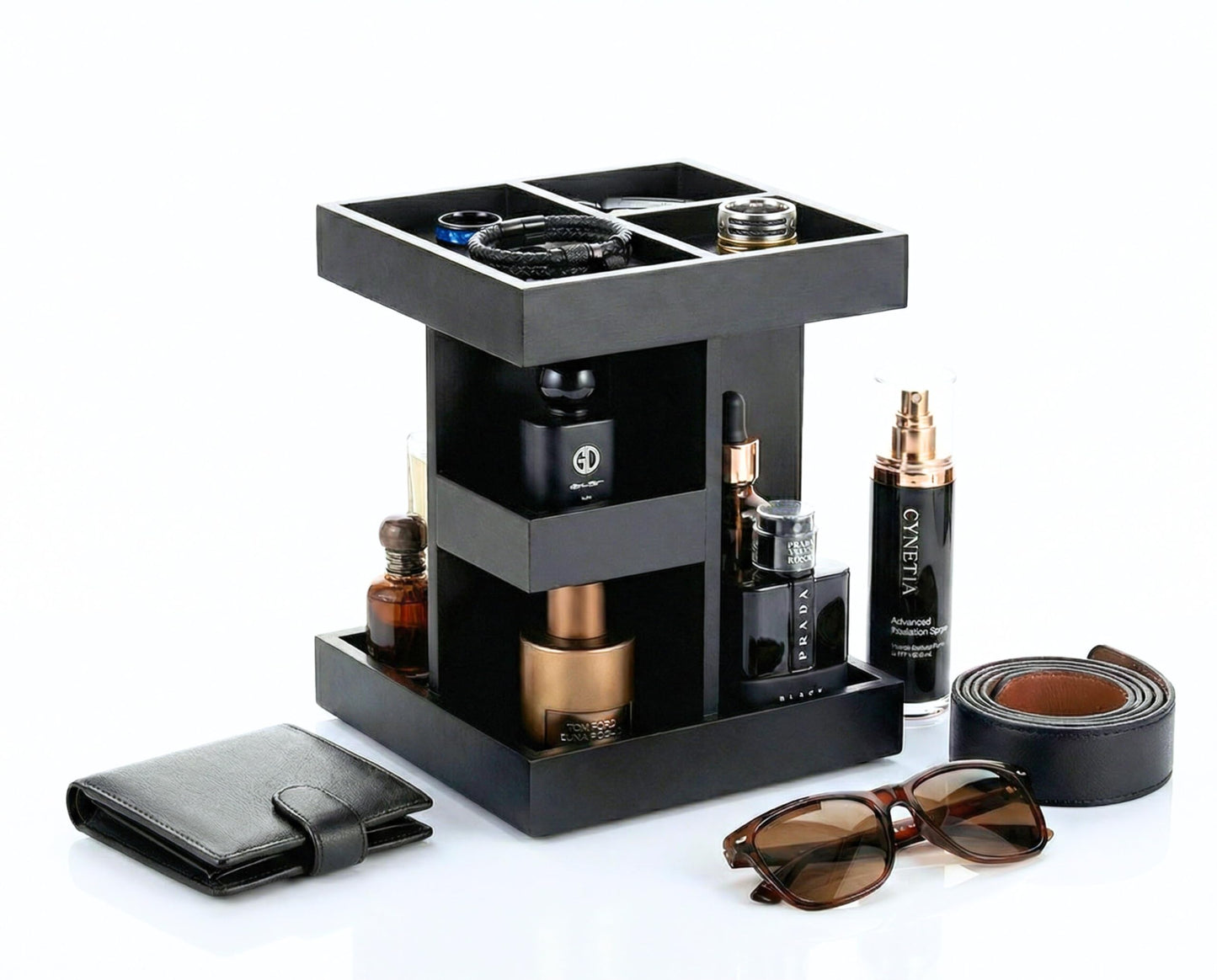 Aurenzo Cologne Organizer for Men, 3 Tier Black Wood Perfume Display Stand with 360° Rotate Base, Mens Cologne and Jewelry Organizer Shelf for Bathroom Countertop Storage & Nightstand, Gift for Men