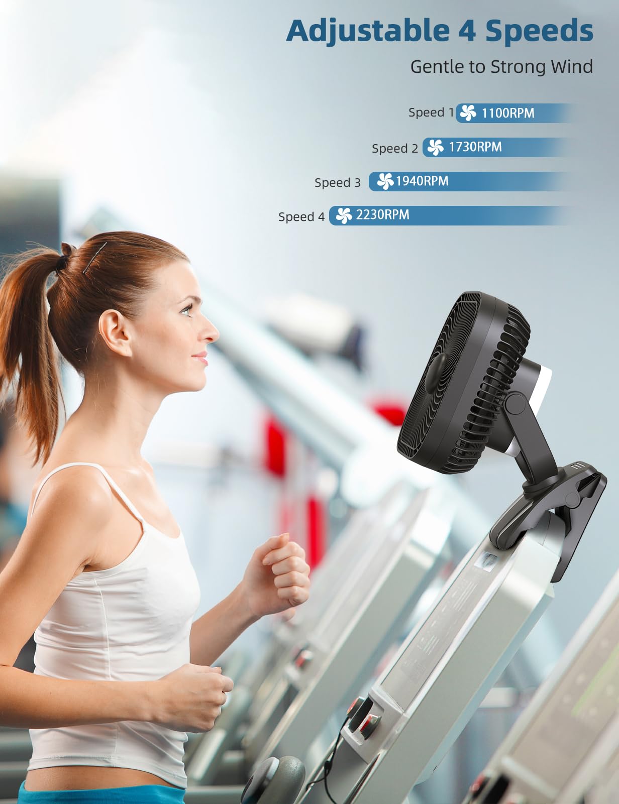 SLENPET 20000mAh Rechargeable Portable Clip on Fan, Last 78 hrs, 4 Speeds Camping Fan, Battery Operated Desk Fan with Light & Hook, 8 inch Personal Fan for Outdoor Golf Cart Stroller Camping