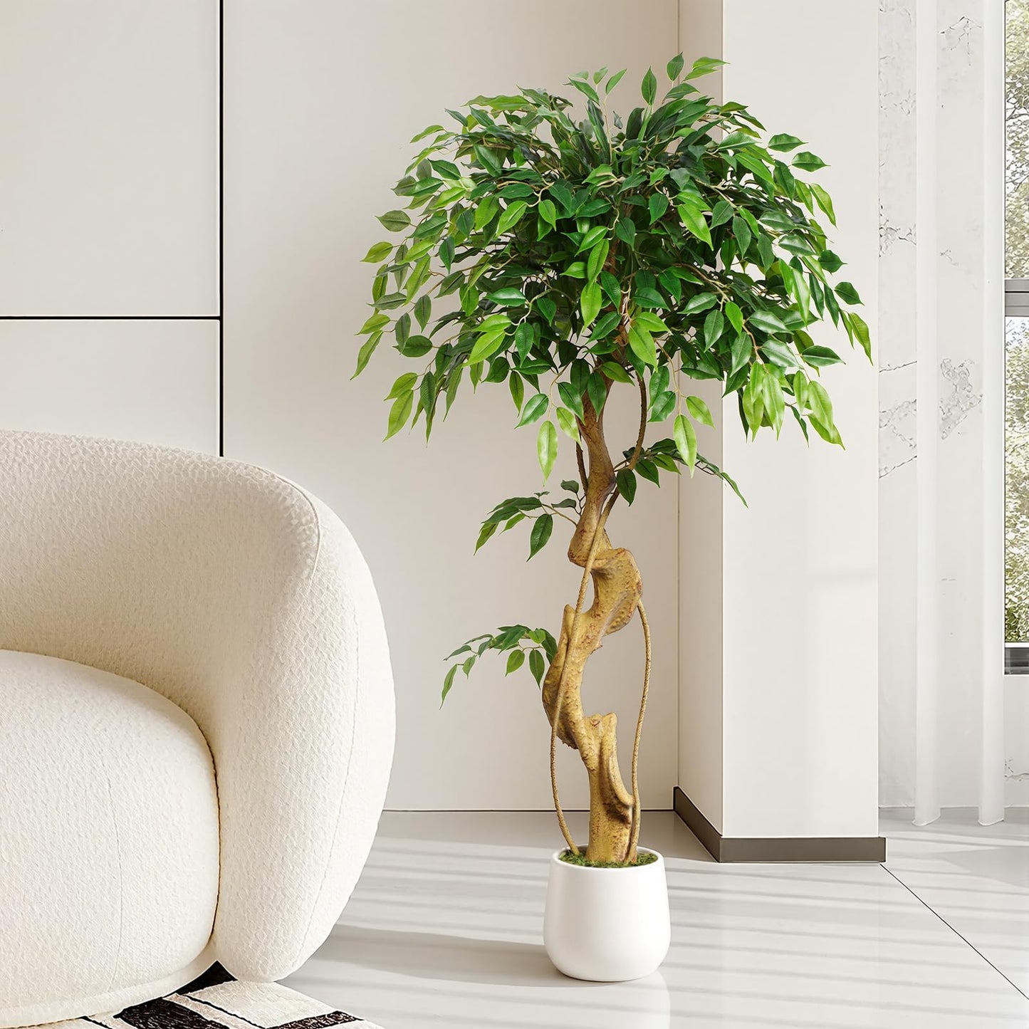 Keeplush 4ft Large Ficus Artificial Trees in White Pot, 48" Tall Fake Silk Tree with Natural Curved Trunk, Lush Faux Ficus Tree for Indoor Home Decor, Living Room, Office & Patio
