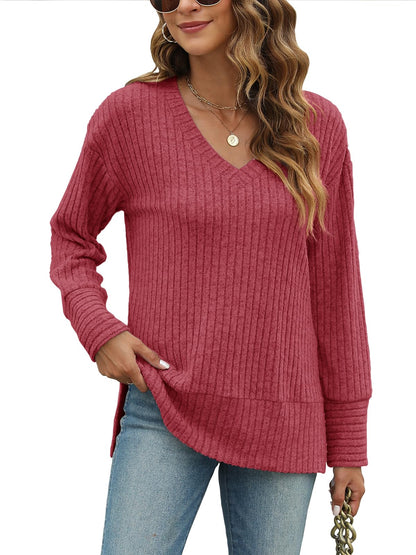 JomeDesign Womens Sweaters Long Sleeve V Neck Shirts Loose Casual Fashion Tops