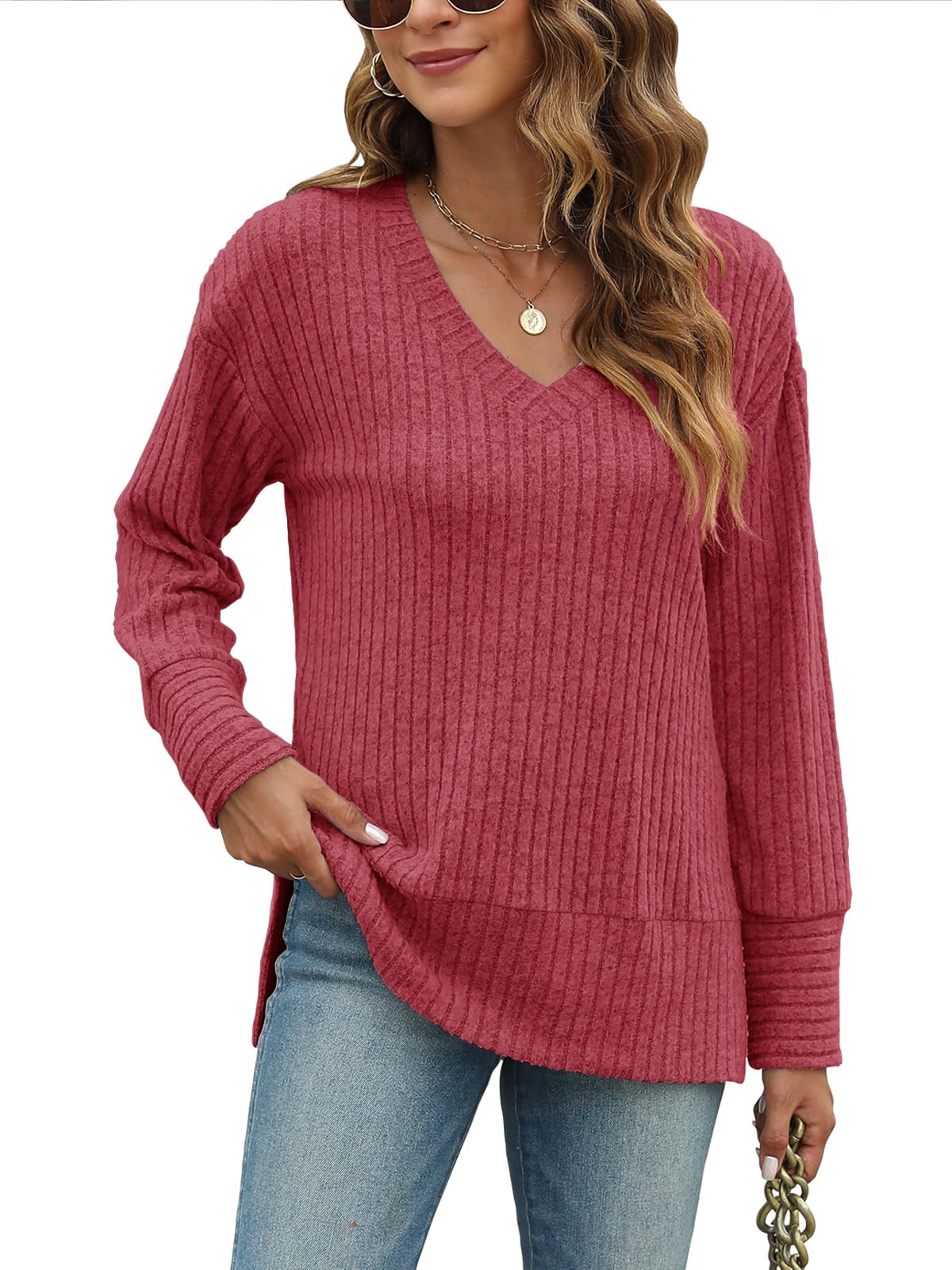 JomeDesign Womens Sweaters Long Sleeve V Neck Shirts Loose Casual Fashion Tops