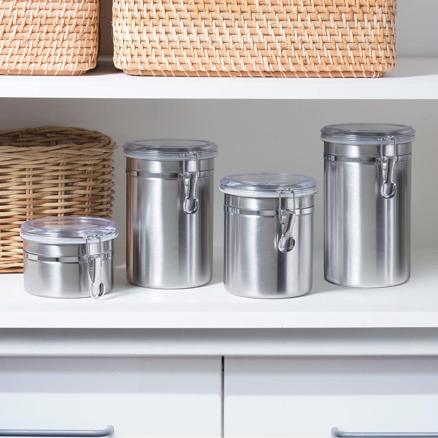 4-Piece Stainless Steel Airtight Canister Set with Clear Lids, 28/32/38/65 oz Food Storage Containers with Clamp Locks for Coffee, Tea, Sugar, Flour, Candy, Cookie, Kitchen Organization (Silver)