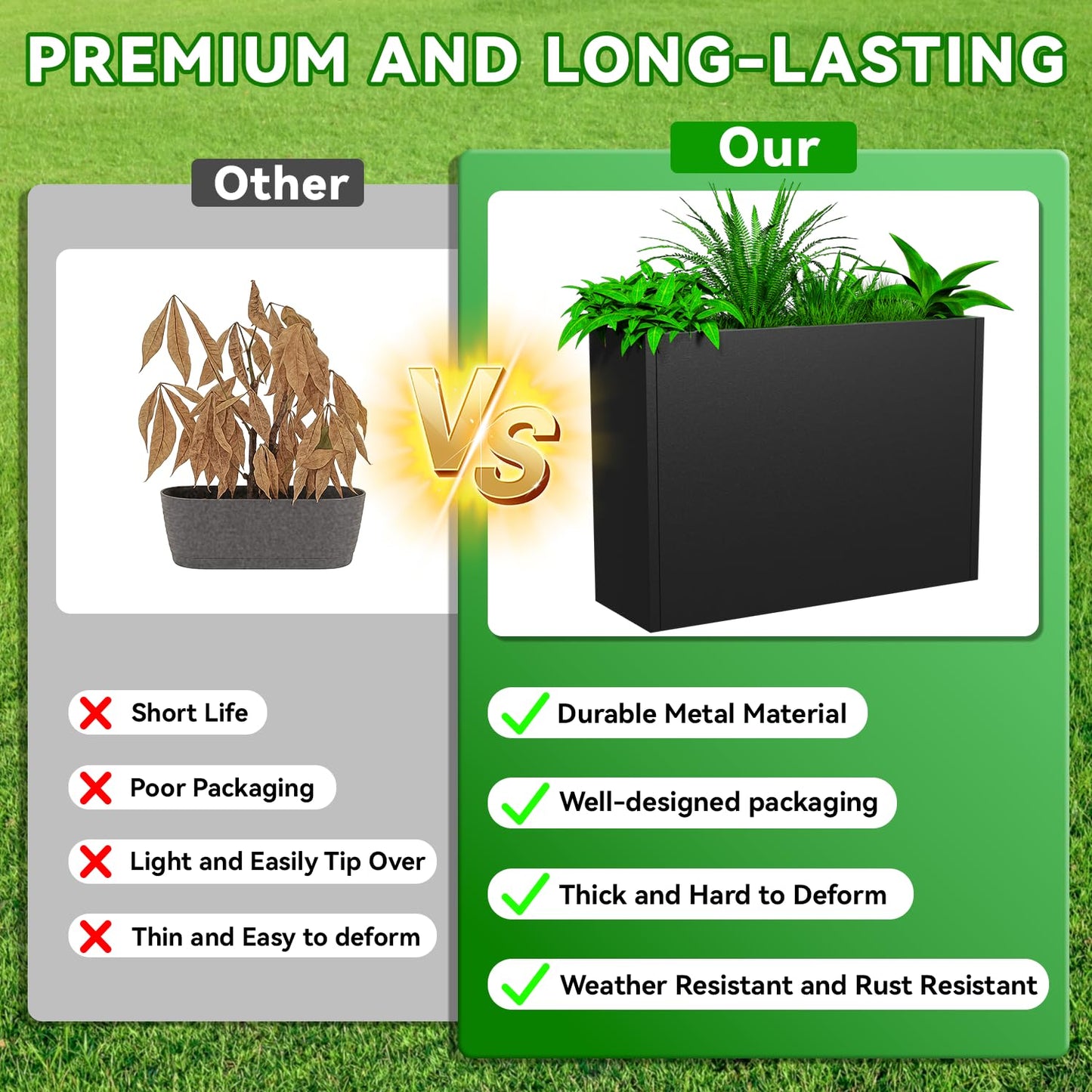 POOAMY Metal Planter, 30L x 10W x 24H, Heavy Duty Tall Planters for Outdoor Plants, Black Planters with Removable Insert Shelf, Large Planters with Drainage Holes for Porch, Patio and Yard, Black