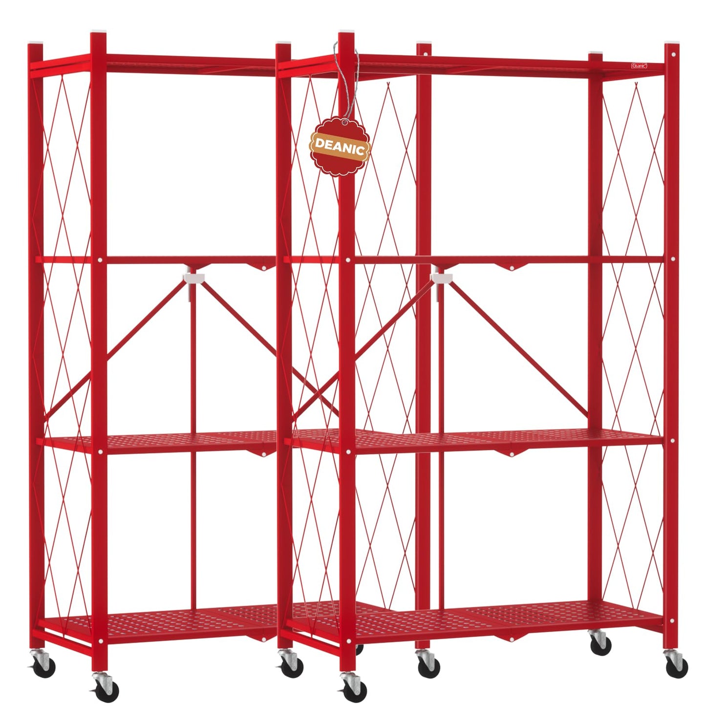 DEANIC 4 Tier Foldable Storage Shelves with Wheels, Large Capacity Shelving Unit, Freestanding Metal Wire Shelf Rack, No Assembly Organizer Rack for Garage Kitchen, Basement, Pantry(Red Pack of 2)