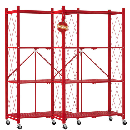 DEANIC 4 Tier Foldable Storage Shelves with Wheels, Large Capacity Shelving Unit, Freestanding Metal Wire Shelf Rack, No Assembly Organizer Rack for Garage Kitchen, Basement, Pantry(Red Pack of 2)