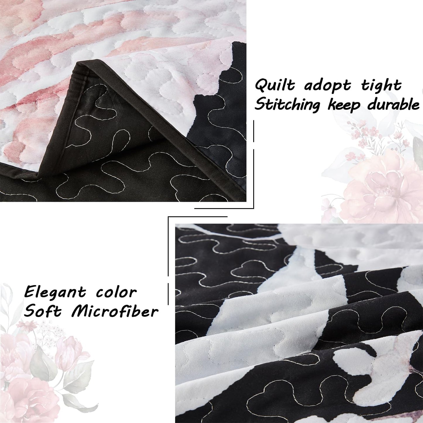 Yogeneg King Size Quilt Set, Pink Floral Botanical Pattern Black Bedding Set,3 Piece Lightweight Soft Summer Bedspread Coverlet with 2 PIillow Sham for All Season(Pink Floral,110"x96")