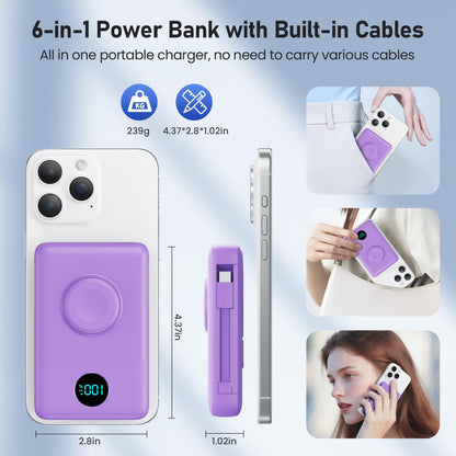 Magnetic Portable Charger for iPhone with Built-in Cables, 6-in-1 10800mAh Power Bank with iWatch Charger & LCD Display,25W PD Fast Charging Battery Pack for Magsafe,iPhone 16/15/14/13/12,Apple Watch