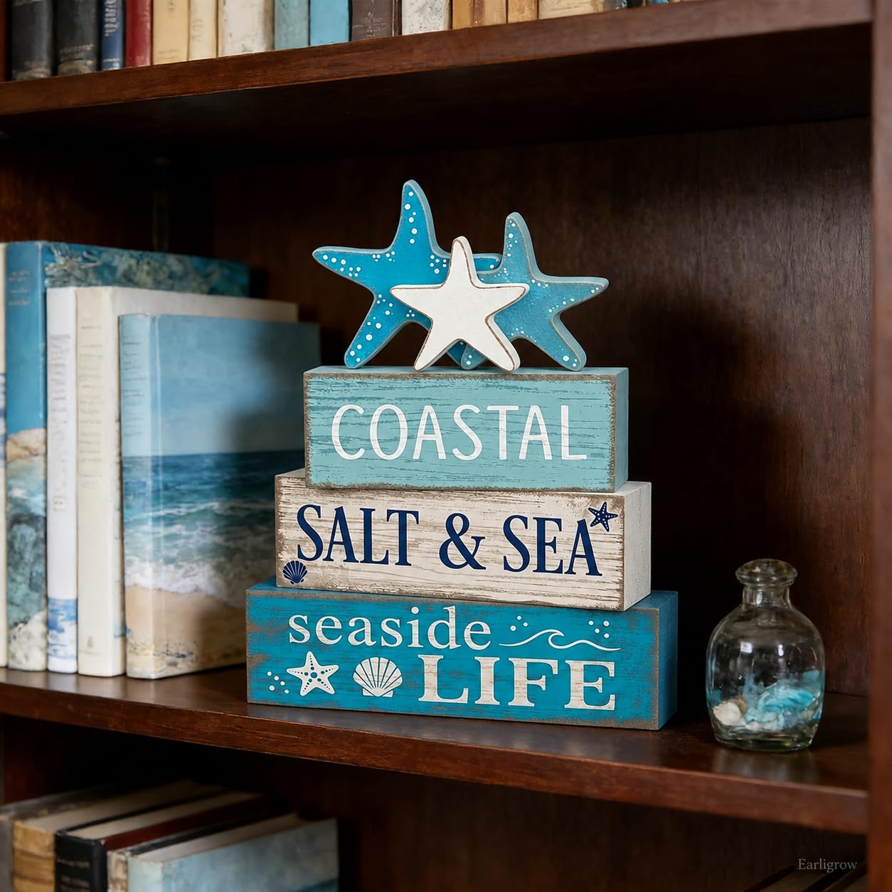 4 Pcs Summer Beach Table Decor Starfish & Seashell Coastal Nautical Wooden Block Signs, Rustic Farmhouse Tiered Tray Decorations for Home Bathroom Office Desk Shelf Mantel