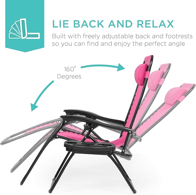 Best Choice Products Set of 2 Adjustable Steel Mesh Zero Gravity Lounge Chair Recliners w/Pillows and Cup Holder Trays - Pink