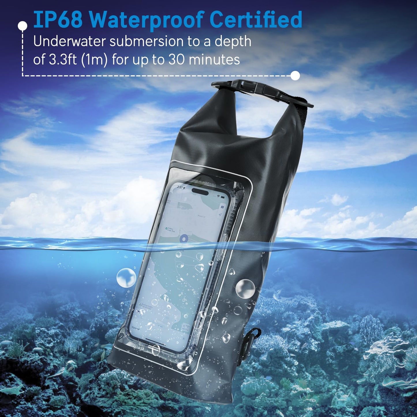 Pelican Marine IP68 Waterproof Dry Bag 2L - Roll Top Waterproof Backpack w/ Phone Case / Pouch - Boating & Kayak Accessories - Essentials for Camping Swimming Beach Fishing Rafting Travel - Black
