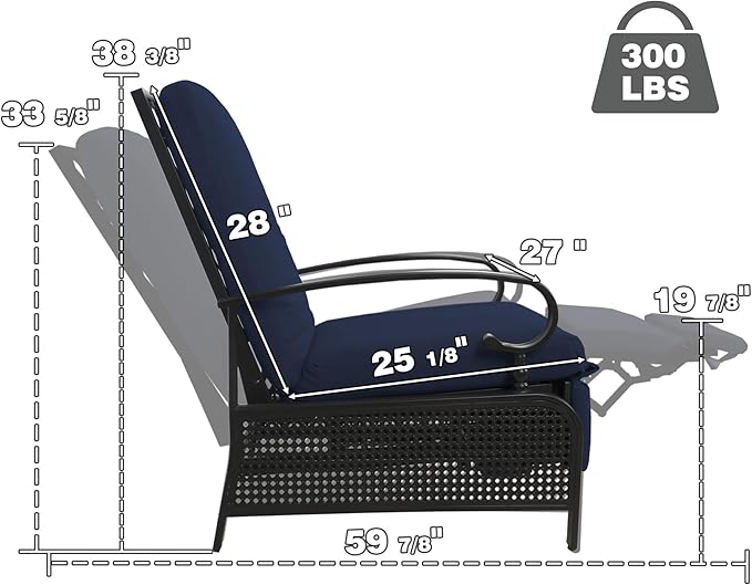 Kozyard Adjustable Outdoor Reclining Lounge Chair, Cushioned Patio Chaise Lounge with Extendable Metal Frame for Sunbathing, Reading & Relaxing – Comfortable Outdoor Recliner(Navy Blue)