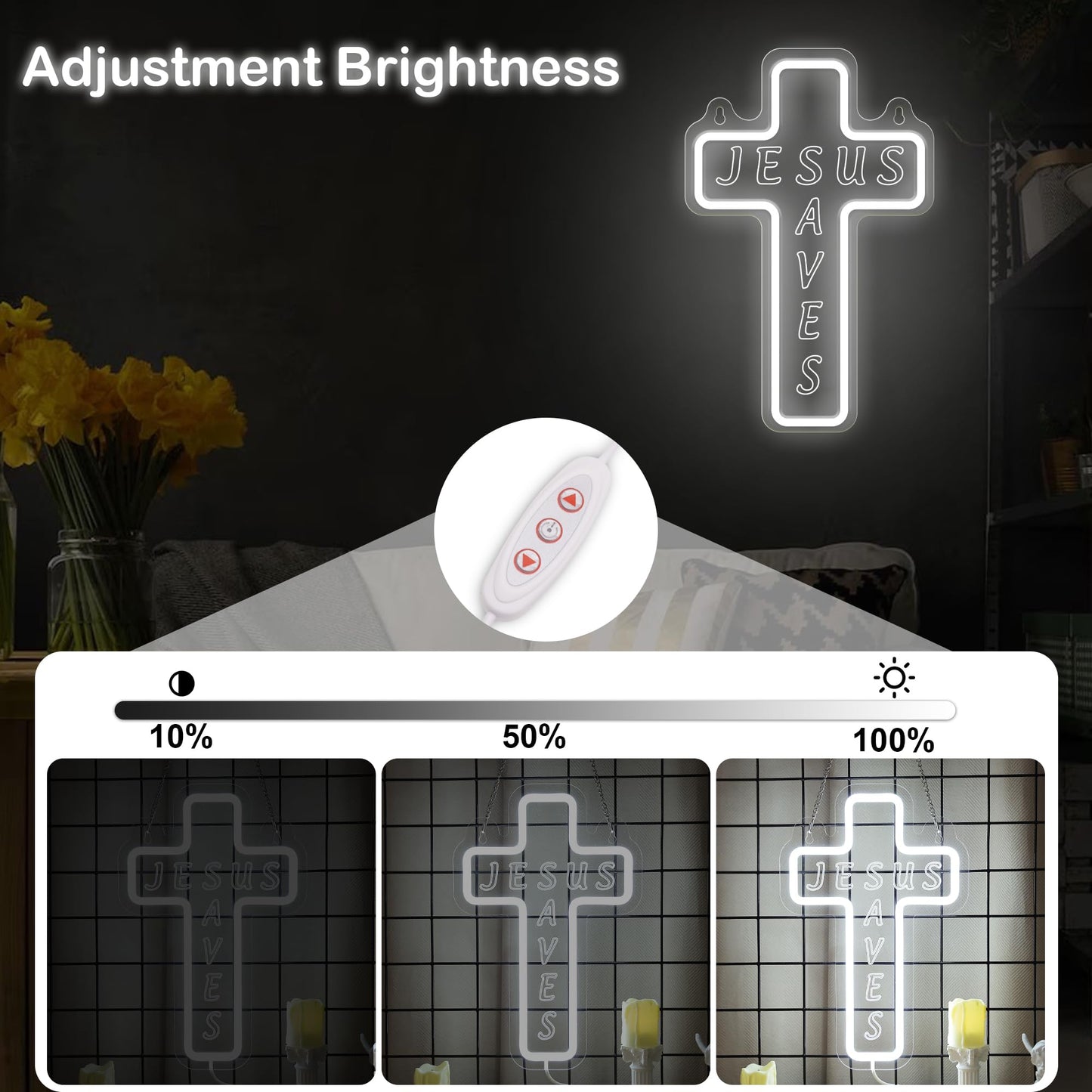 Jesus Cross Neon Sign for Wall Decor, Attivolife Light up Special Religional LED Lamp with Dim USB Powered, Unique Home Living Room Business Cafe Shop Bar Party Decor Birthday Christmas Day Gift