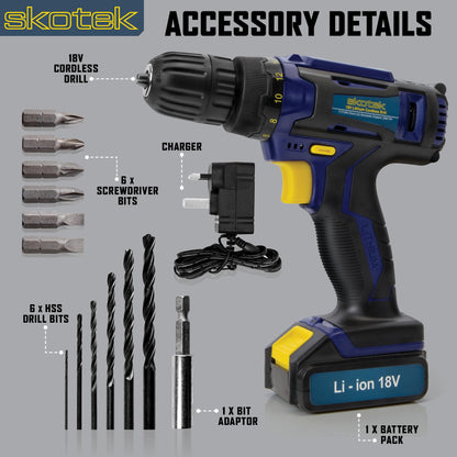 Skotek Cordless Drill Driver 18V Lithium-Ion, 13Pc Electric Screwdriver Set, LED Work Light, Electric Drill Quick Change Power Drill Battery and Charger Included