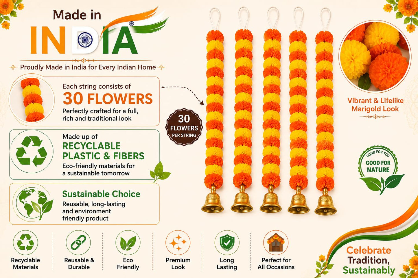 Arts Of India Handmade Artificial Marigold Flowers Garland for Decoration Door Toran Genda Phool for Diwali Wedding/Festivals with Bells Pack of 5