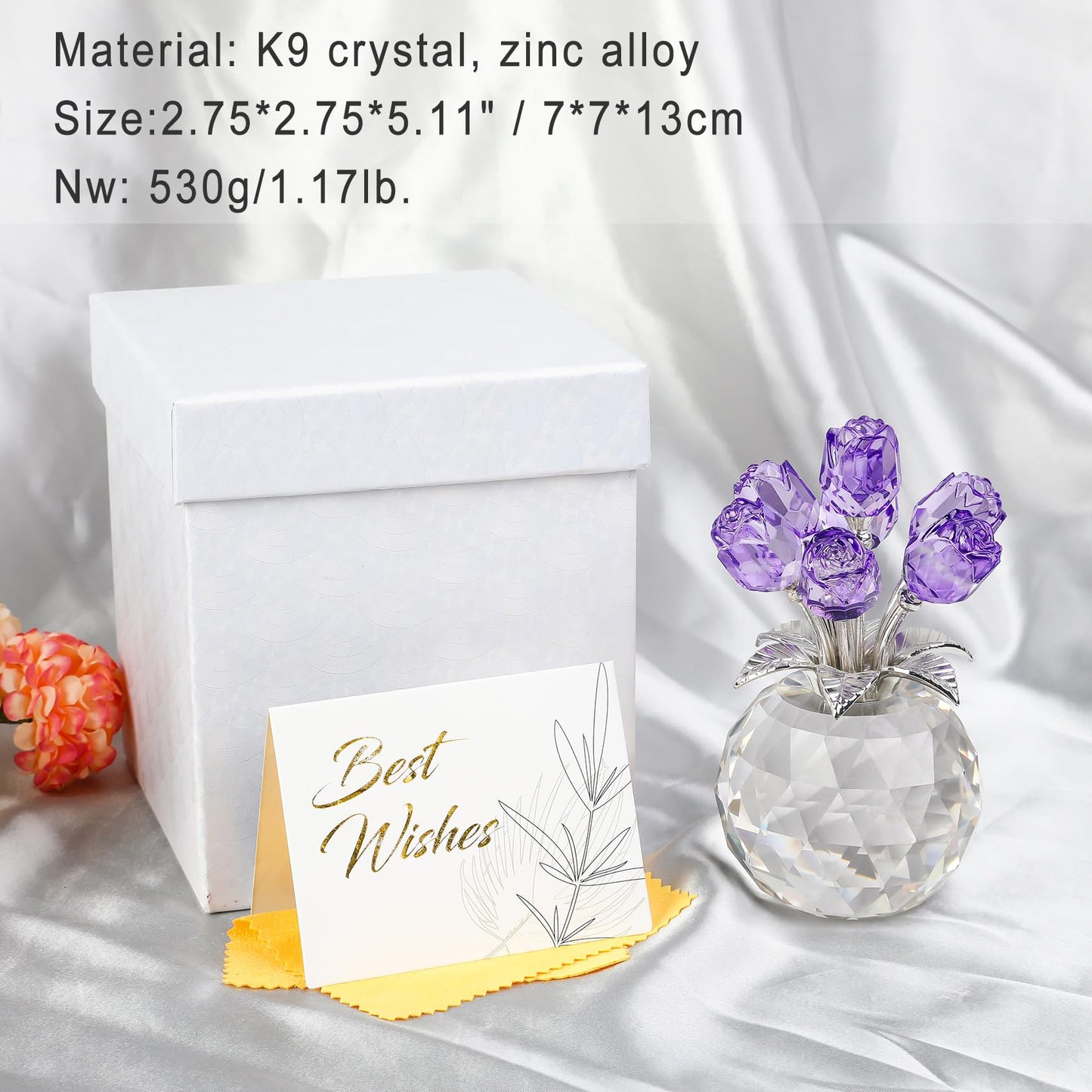 Crystal Rose Figurines Gifts for Women Valentine's Day, Glass Floral Ornament for Mother's Day Birthday Christmas Amethyst Collectible Rose Flowers Anniversary Floral Presents for Her (Purple)