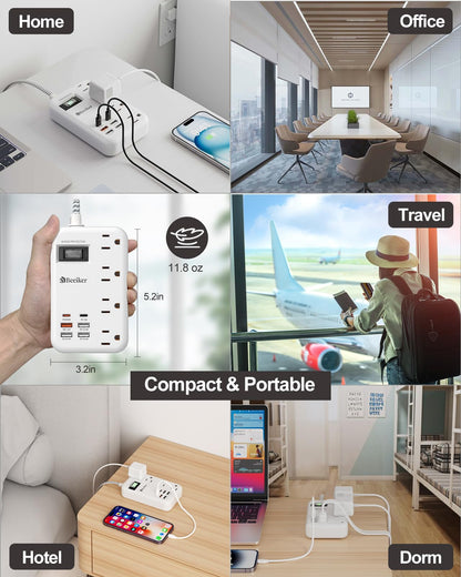 6 USB(2 USB C) Purple Travel Power Strip- 5Ft Lavender Extension Cord with 24W USB Charging Station and 4 Outlets, Purple Desk Accessories with Surge Protector for Cute Kawaii Office Dorm Room