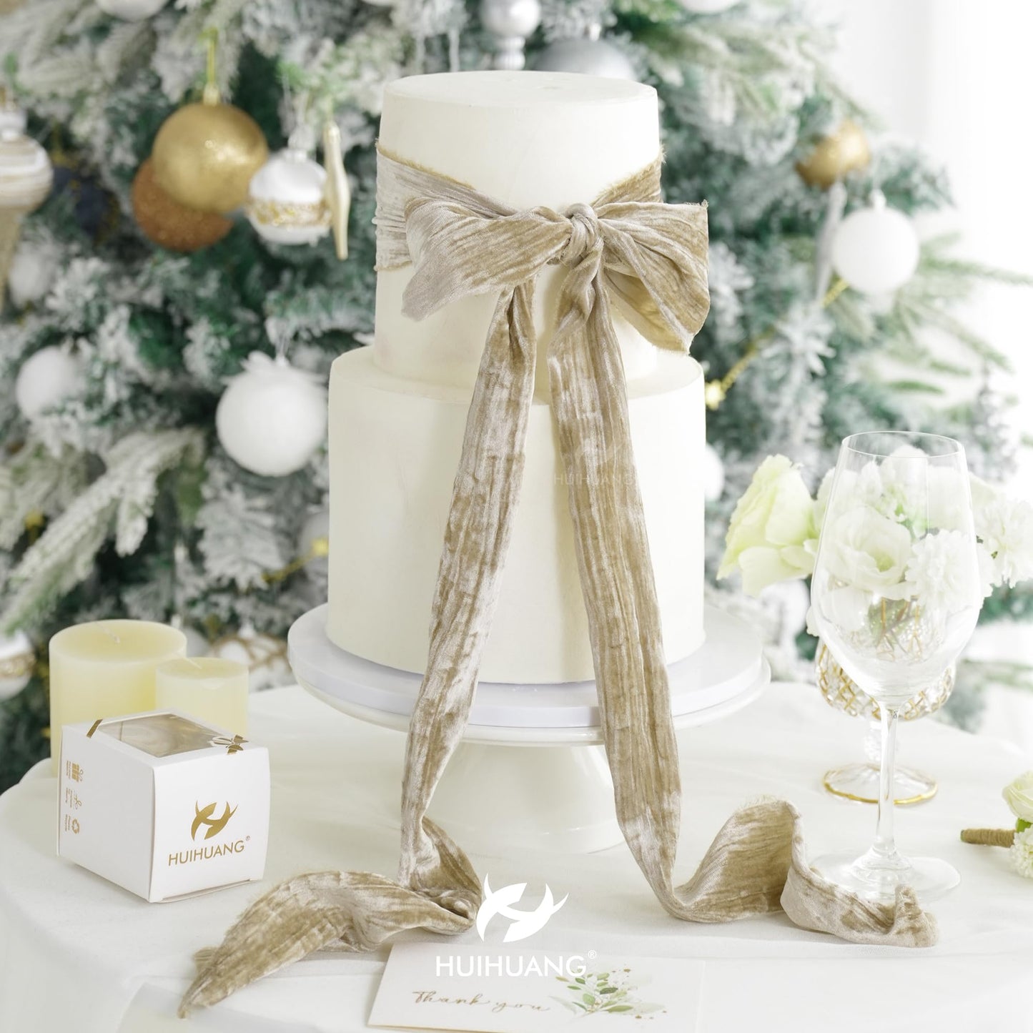 HUIHUANG Taupe Velvet Crinkled Frayed Ribbon - 3 Inch Wide Champagne Fringe for Wreaths, Christmas Tree, Flower Bouquet, Gift Wrapping, Wedding & Bridal Shower Decor