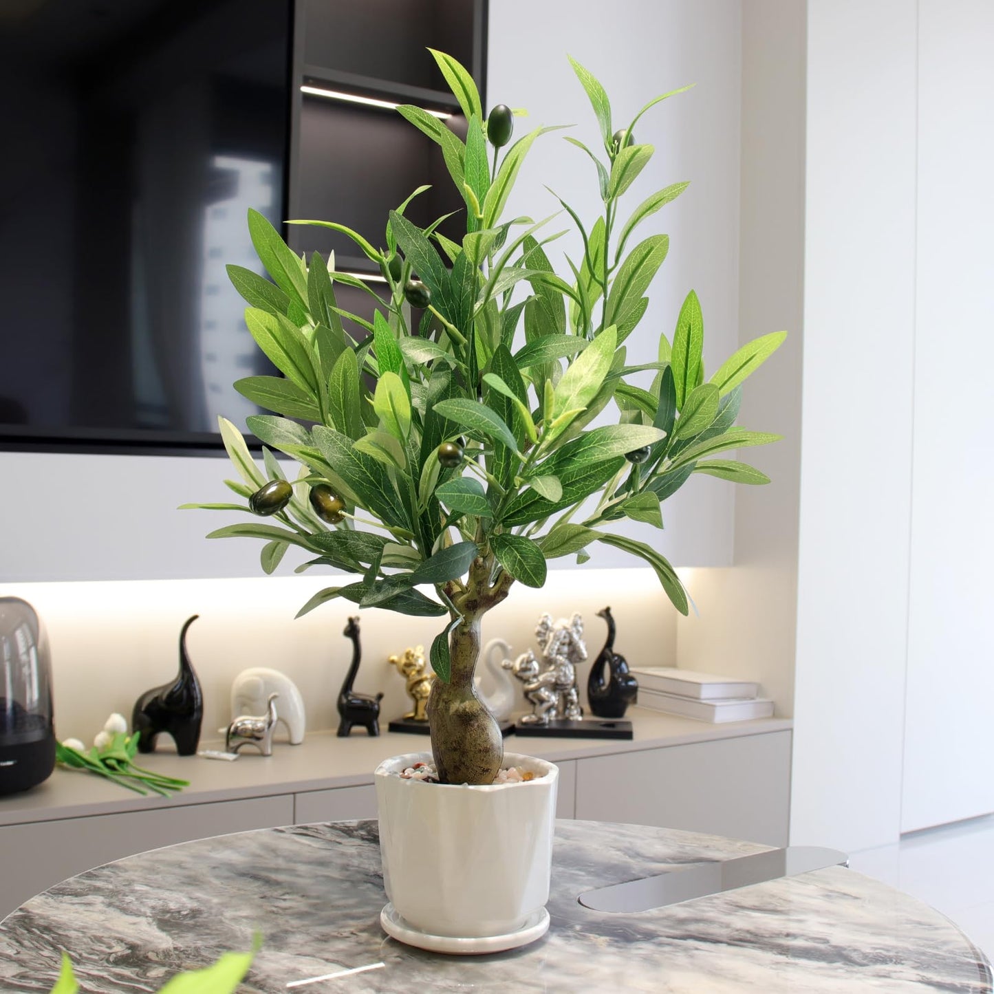 Abyjifar 20" Artificial Olive Tree with Pot, Faux Green Potted Plants Indoor Fake Greenery Olive Branches Stems in Pot for Tabletop Desk Office Kitchen Living Room Bedroom Bathroom Home Decor