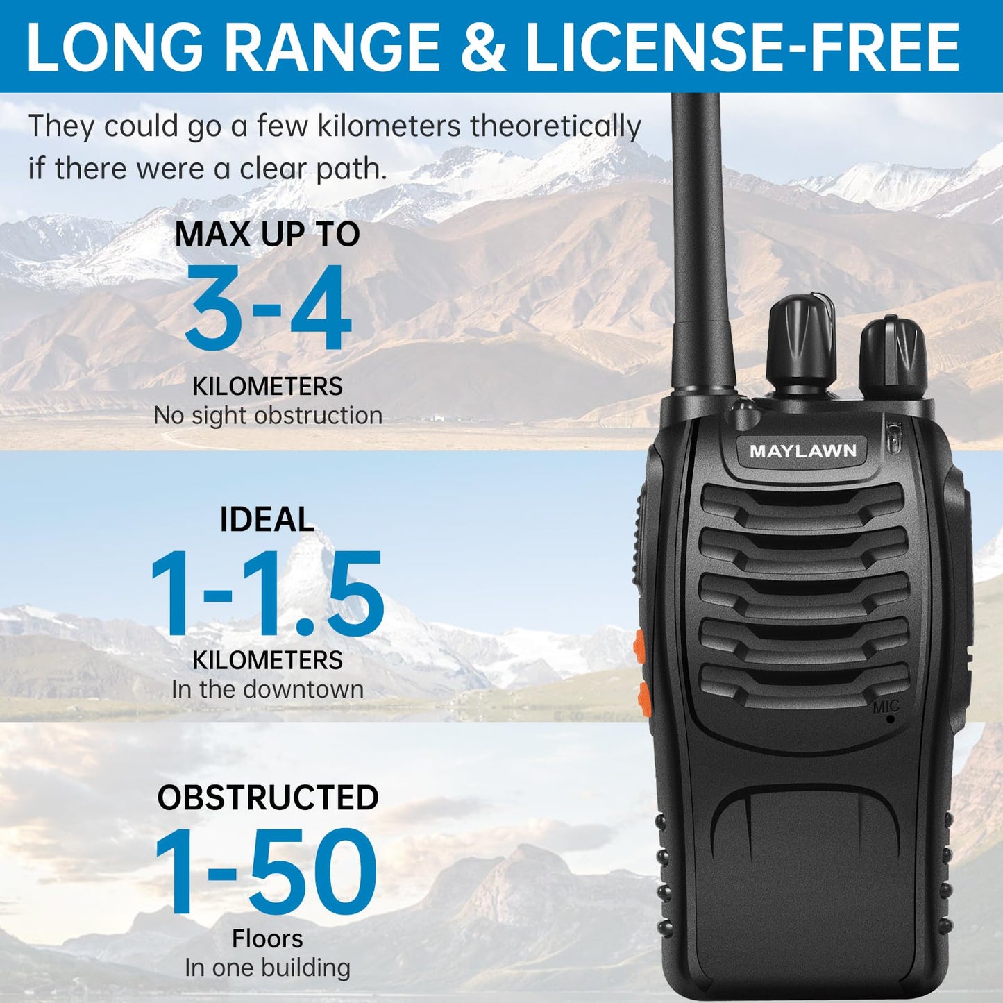 Maylawn Walkie Talkies Long Range 2Pcs, Walkie Talkies for Adults with Rechargeable Batteries, 2 Way Radio with LED Light Earpieces 16CH Supports VOX Function