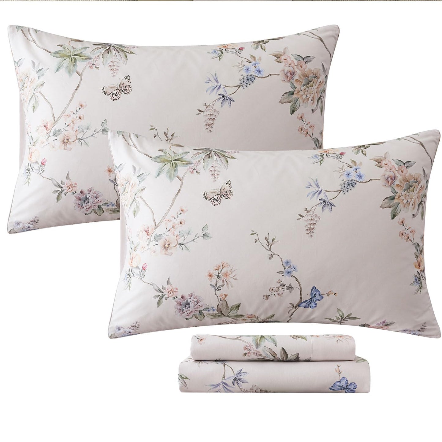 FADFAY California King Sheet Set Percale Cotton, Soft Deep Pocket Fitted Sheet, Country Style Floral & Butterfly Pattern Bedding for All Seasons, Crisp & Breathable for Hot Sleepers,4Pcs