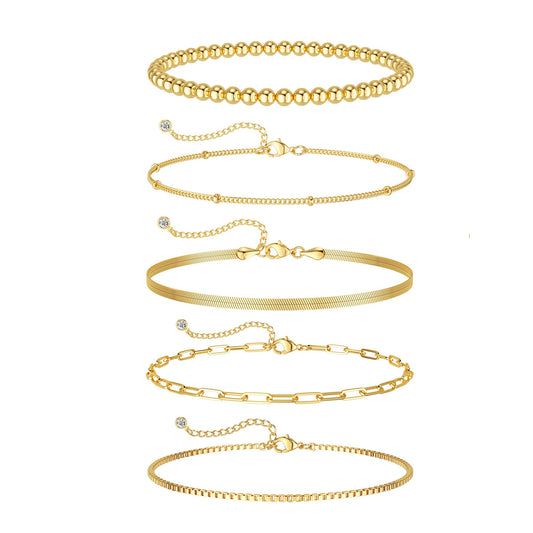 DEARMAY 14K Gold Plated Bracelets for Women Gold Jewelry Set for Women Beaded Bracelets for Women Dainty Paperclip Chain Bracelet Pack Gifts for Women