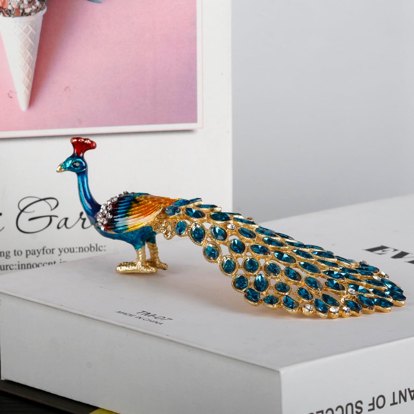 SEVENBEES Enameled Peacock Jewelry Box - Hand Painted Collectible Figurine with Crystal Rhinestones, Women and Girls for Rings and Earrings Valentine Decor Gifts