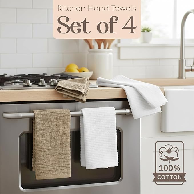 MosJos Kitchen Hand Towels Set of 4 Cotton Ribbed Taupe and White Hand Towels