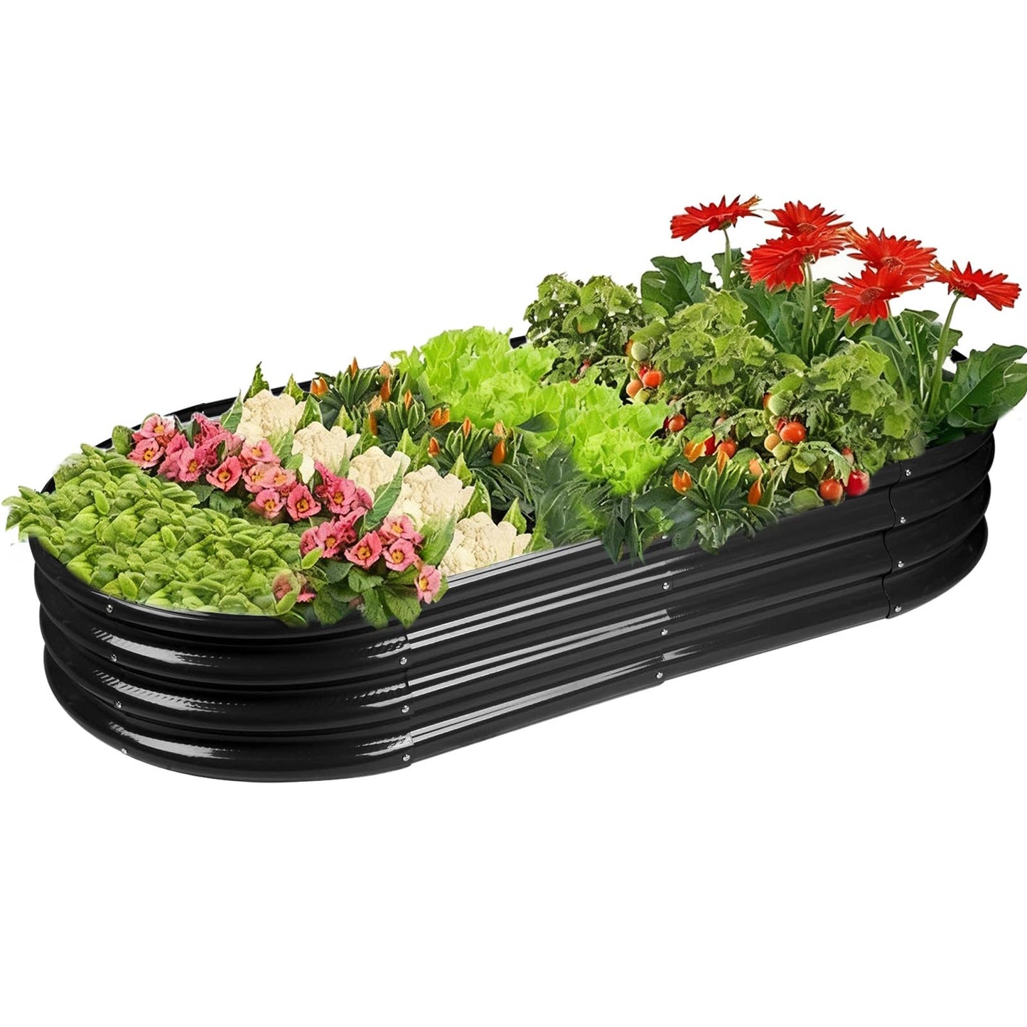 Rakukiri Raised Garden Bed GRS Certified Galvanized Planter Box Outdoor, 5ft Oval Rot-Resistant Metal Garden Bed Planter, Recycled Material Planter for Vegetables Flowers Herbs (Black)