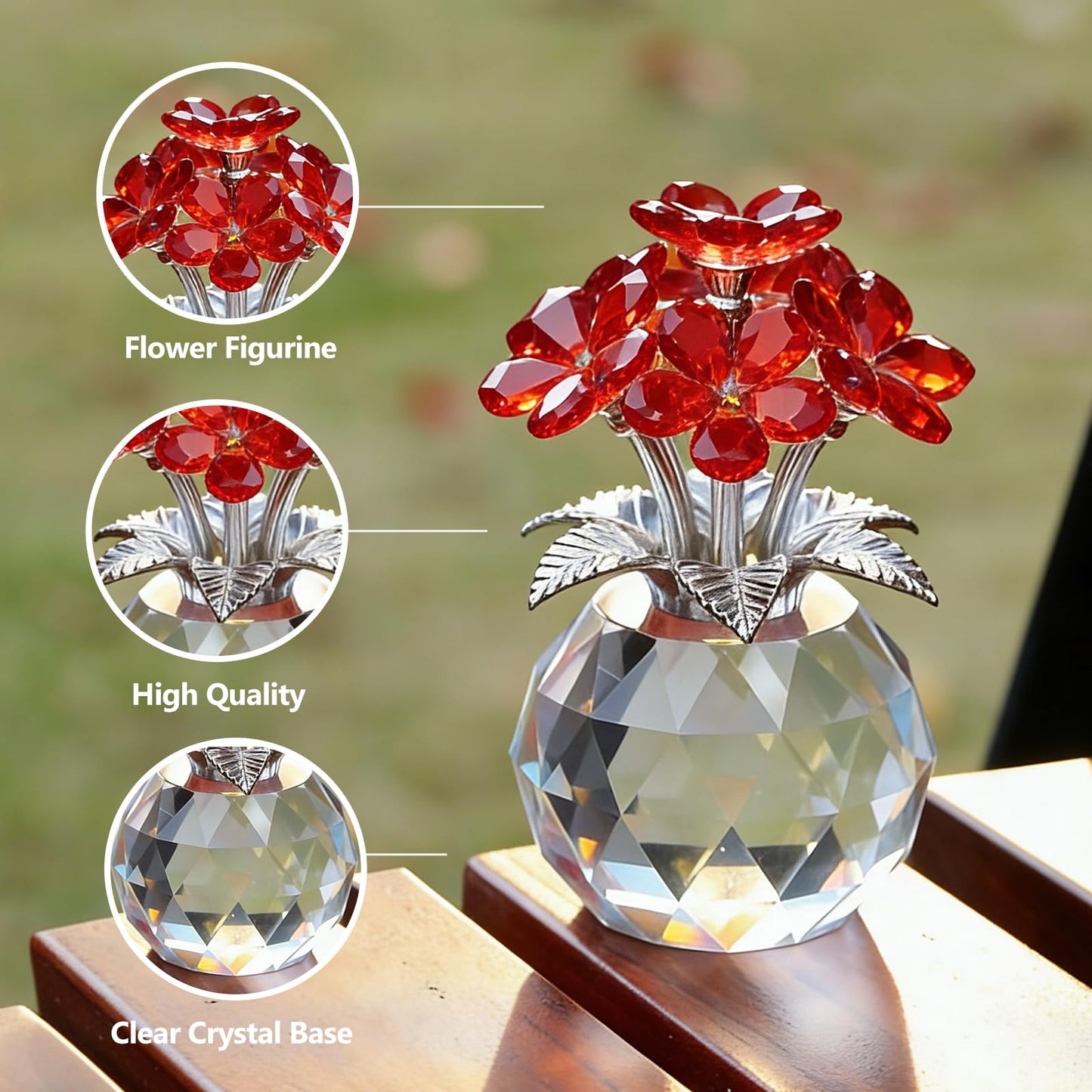 XLSJGYP Crystal Red Flower Decoration Glass Flowers Mother's Day Birthday Gifts for Women Girl Wife Girlfriend Daughter Ornament Bouquet Collectible for Valentine's Day Wedding (Red Flower 02)