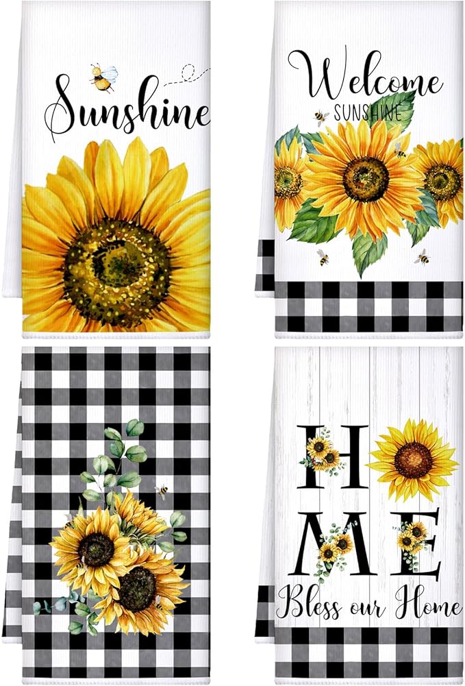 Bencailor 4 Pcs Sunflower Kitchen Towels Spring Summer Gifts Sunflower Floral