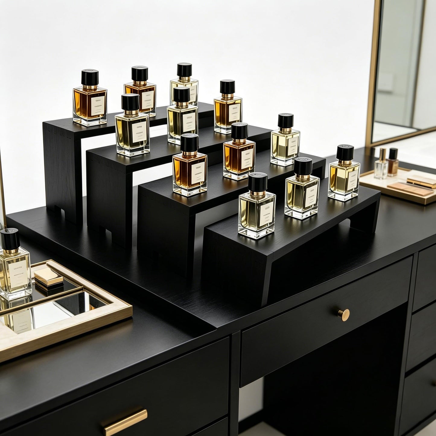 Yikaroeli 2 Set Large Black Display Risers Wooden Tiered Risers for Display Stand 4 Tiered 8Pcs Racks Perfume Organizer Food Risers for Vendor Events for Party(black)