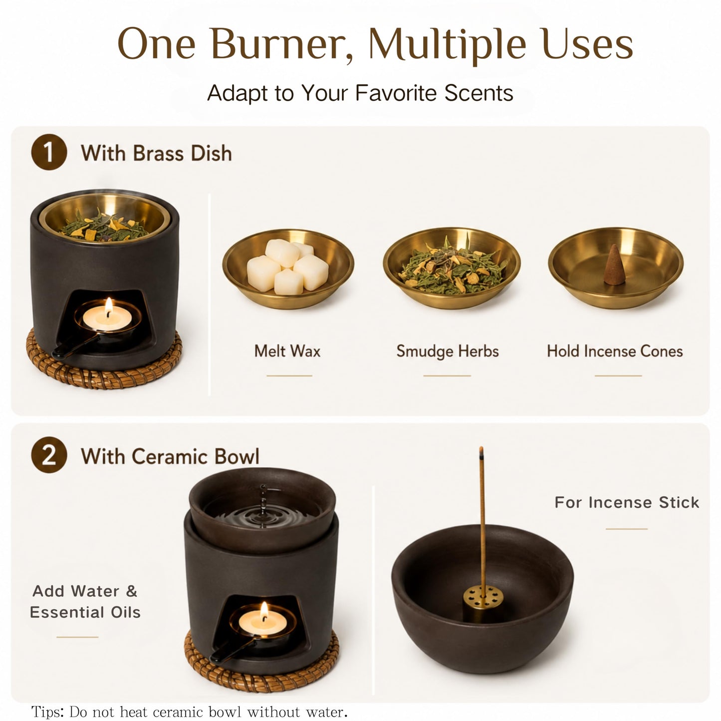 5 in 1 Incense Diffuser & Holder Set, Ceramic Aromatherapy Burner for Incense Sticks and Dried Herbs, Multi-Use Wax Warmer for Bedtime Calm, Yoga, Meditation, Home and Office