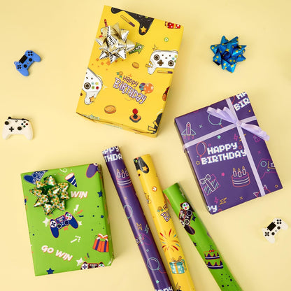 WERNNSAI Gaming Wrapping Paper - 3 Rolls 43 x 305cm Birthday Wrapping Paper Kids Boys Gift Wrap Green Yellow Birthday Wrap Paper with Cutting Lines