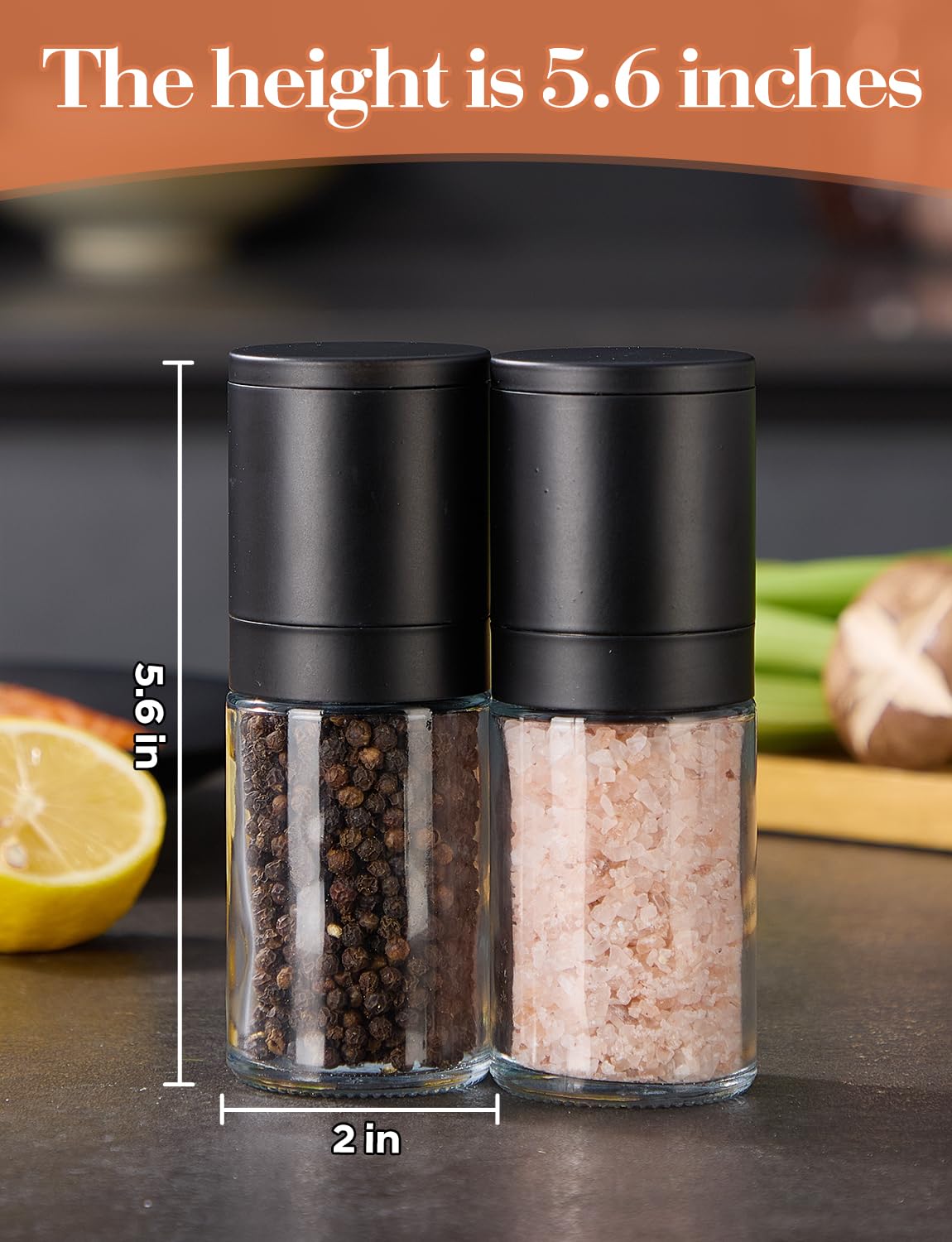 Salt and Pepper Grinder 2pcs Black Pepper Mill Refillable Manual Adjustable Coarseness Glass Material Fits in Home Kitchen Barbecue