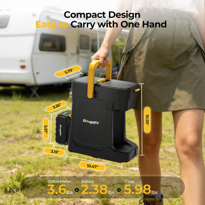 BougeRV Coffee Maker with 18V 8Ah Battery Powered Compatible with K Cup Coffee Pods & Ground Coffee, Portable Coffee Maker Cordless with AC/DC Power for Travel, Camping, Outdoor, Jobsite, RV, Home