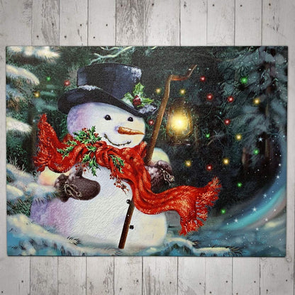 BANBERRY DESIGNS LED Wall Art - Lighted Snowman Canvas Print - Christmas Wall Hanging Snowman with a Red Scarf Holding a Lantern - Winter Holiday Scene 11.75" H x 15.75" W