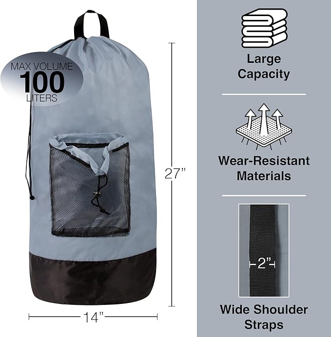Laundry Bag Backpack with Shoulder Straps and Mesh Pocket Laundry Backpack