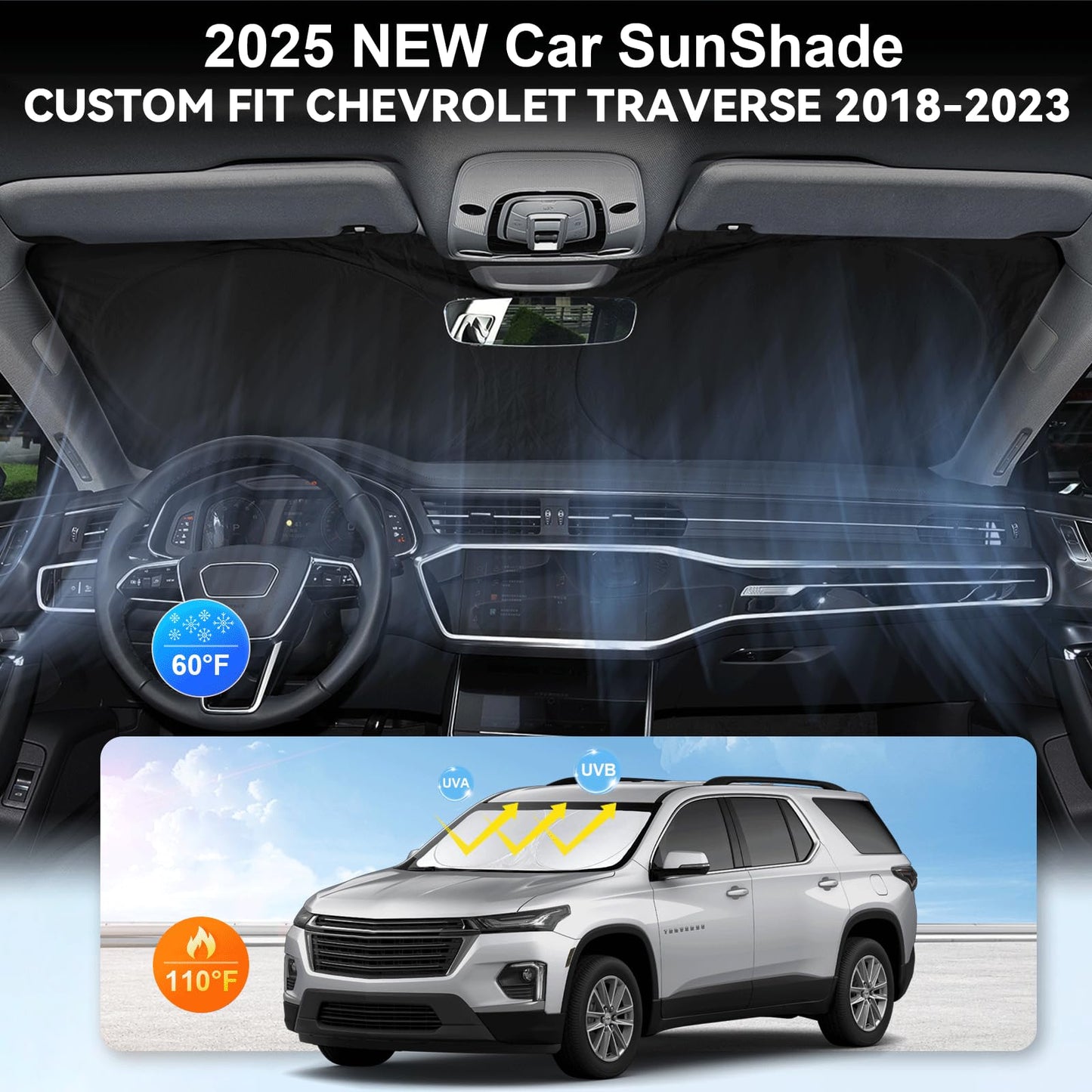 Sunshade for Chevrolet Traverse Windshield Sun Shade Cover Custom Fit 2018-2024 2025 Chevy Traverse LS, LT, RS, Redline, Premier, High Country SUV Accessories Front Window Shield Sun Visor Block UV
